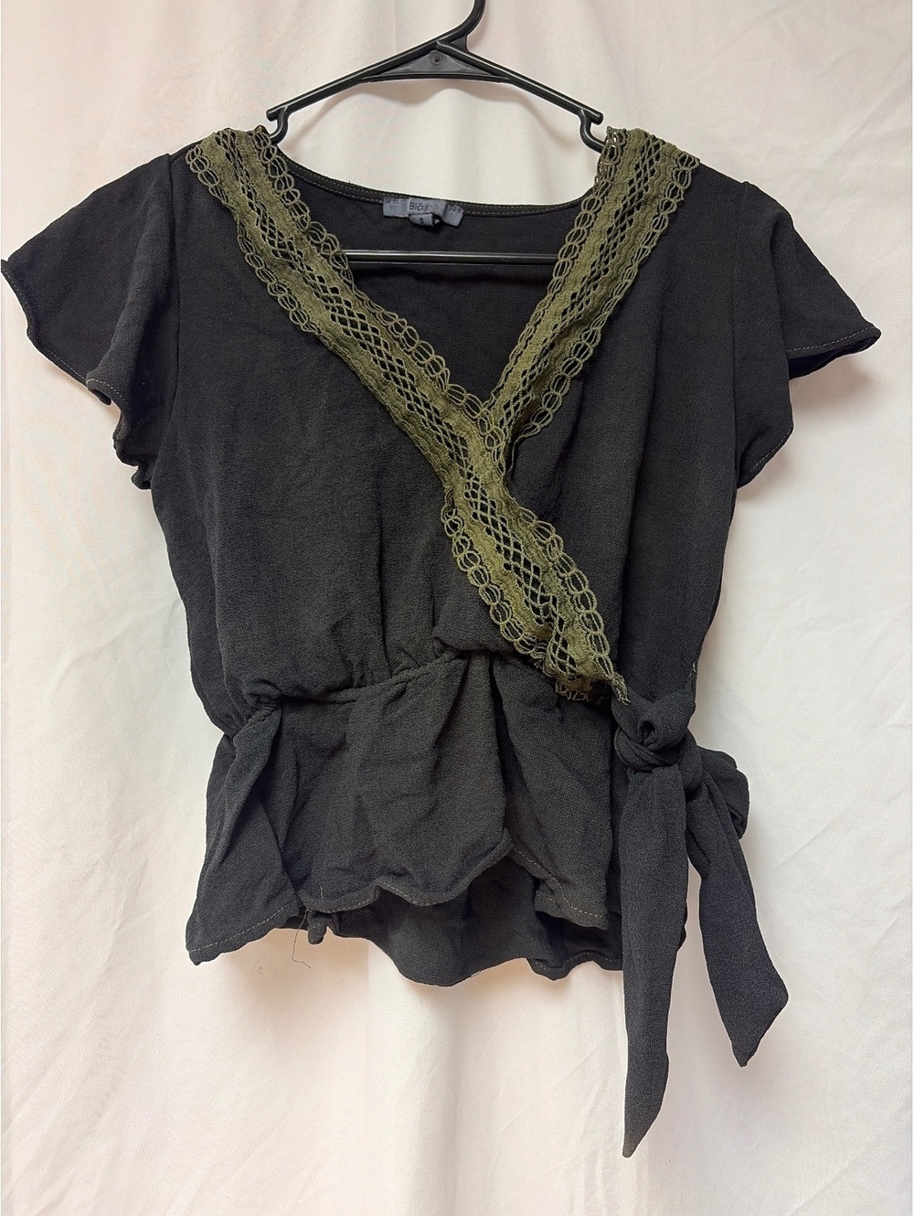 Blåne Black Short Sleeve Top with Olive Green Lace Detail and Waist Tie, Size S